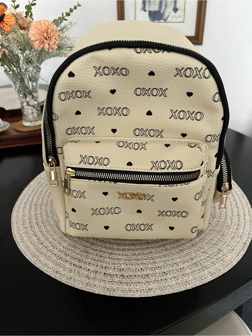 XOXO Cream Mini Backpack with Black Print and Gold Hardware